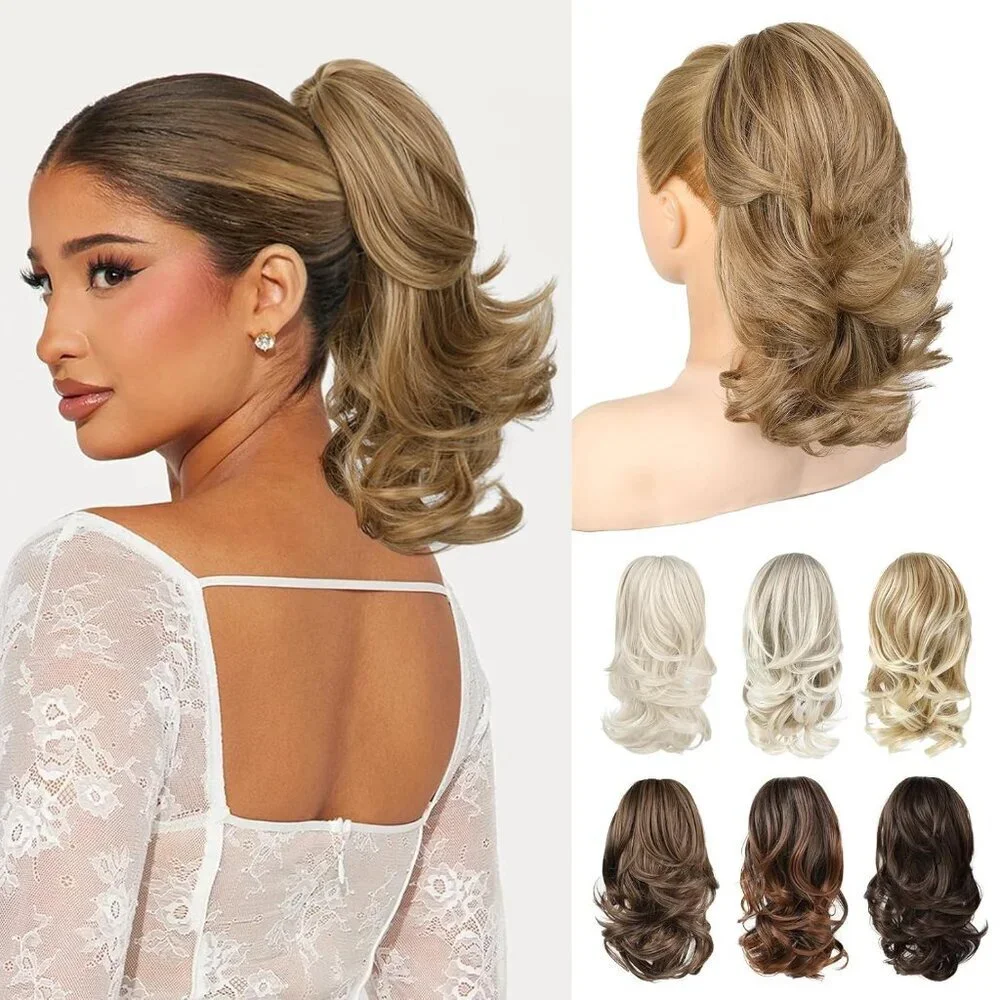 Ponytail Extension Vegan Fiber 14Wavy Layered Clip-In Hair Piece for Women